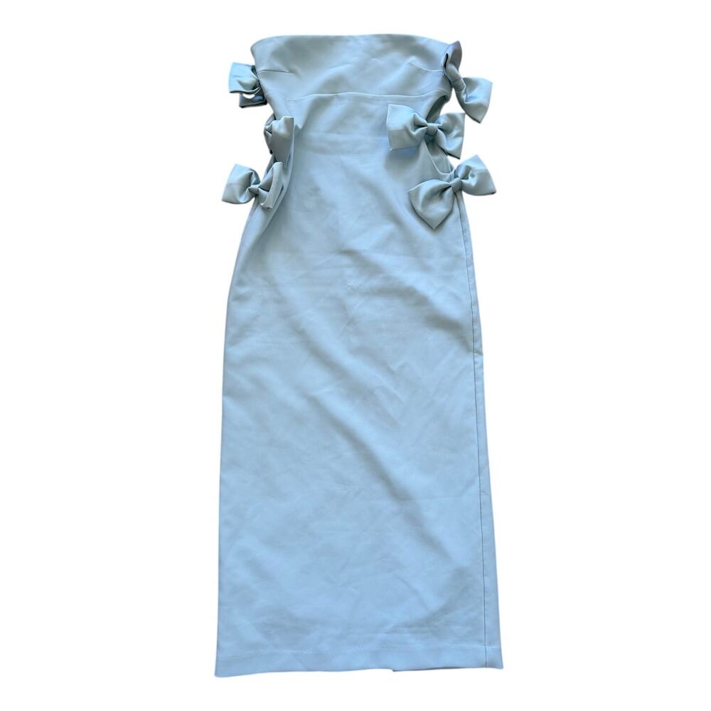 Zara "Sea Green" Blue Strapless Cut Out Satin Bow Column Sheath Dress - Picture 3 of 10